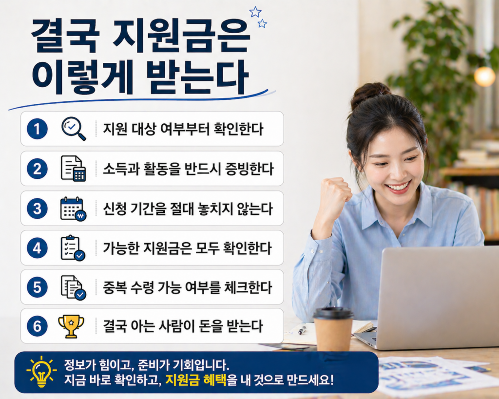 프리랜서 여성이 노트북을 보며 기뻐하는 모습과 함께 ‘결국 지원금은 이렇게 받는다’라는 제목 아래 지원금 신청 핵심 방법 6가지가 정리된 인포그래픽 이미지