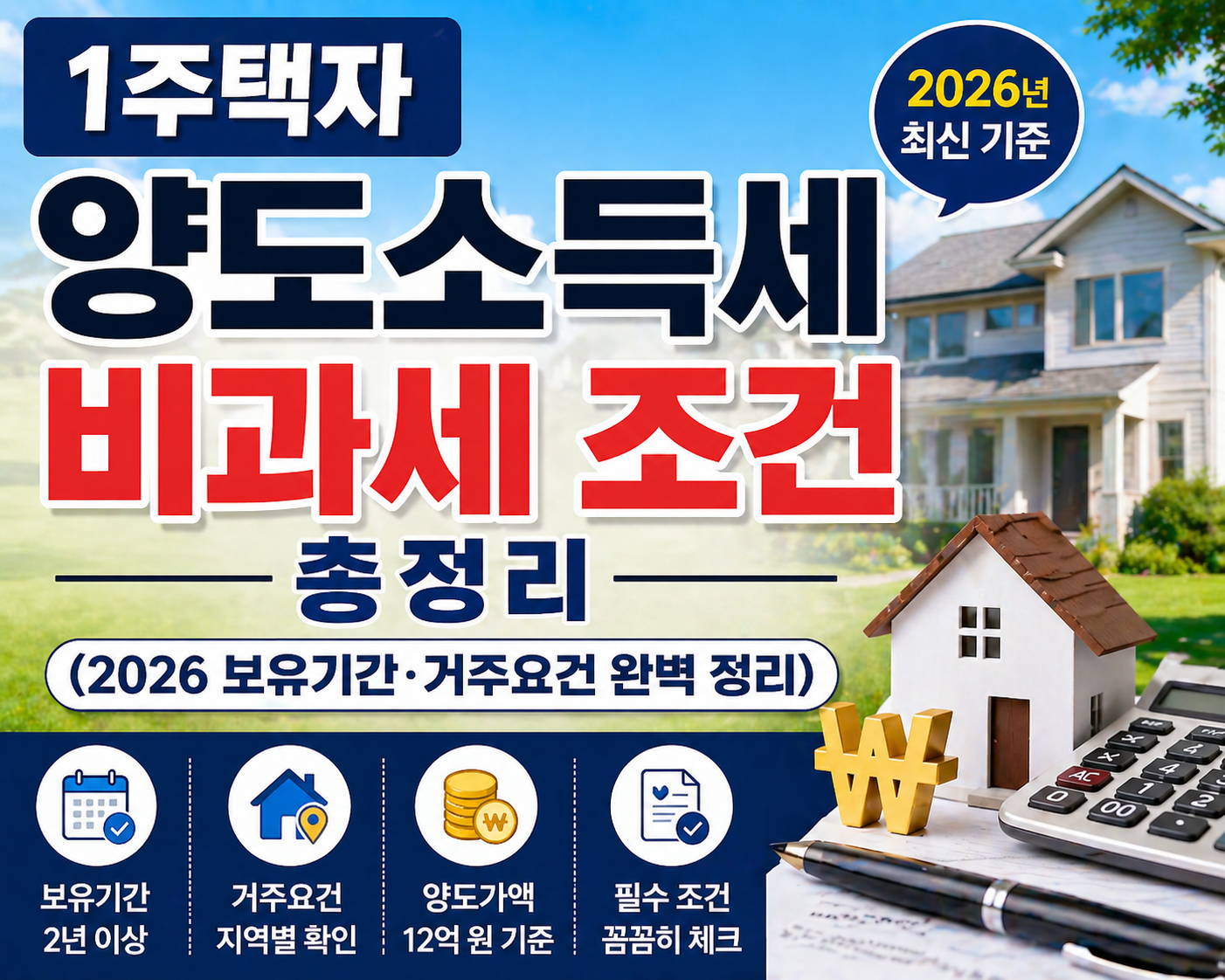 주택 모형과 계산기, 서류가 있는 책상 위에 ‘1주택자 양도소득세 비과세 조건 총정리 (2026 보유기간·거주요건 완벽 정리)’ 문구가 강조된 부동산 세금 썸네일 이미지
