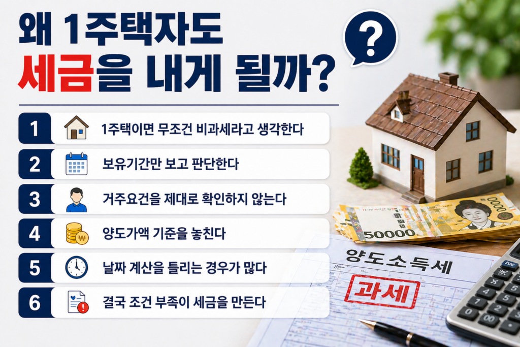 주택 모형과 현금, 세금 서류가 있는 배경 위에 ‘왜 1주택자도 세금을 내게 될까?’라는 제목과 함께 양도소득세 과세 원인 6가지가 정리된 인포그래픽 이미지