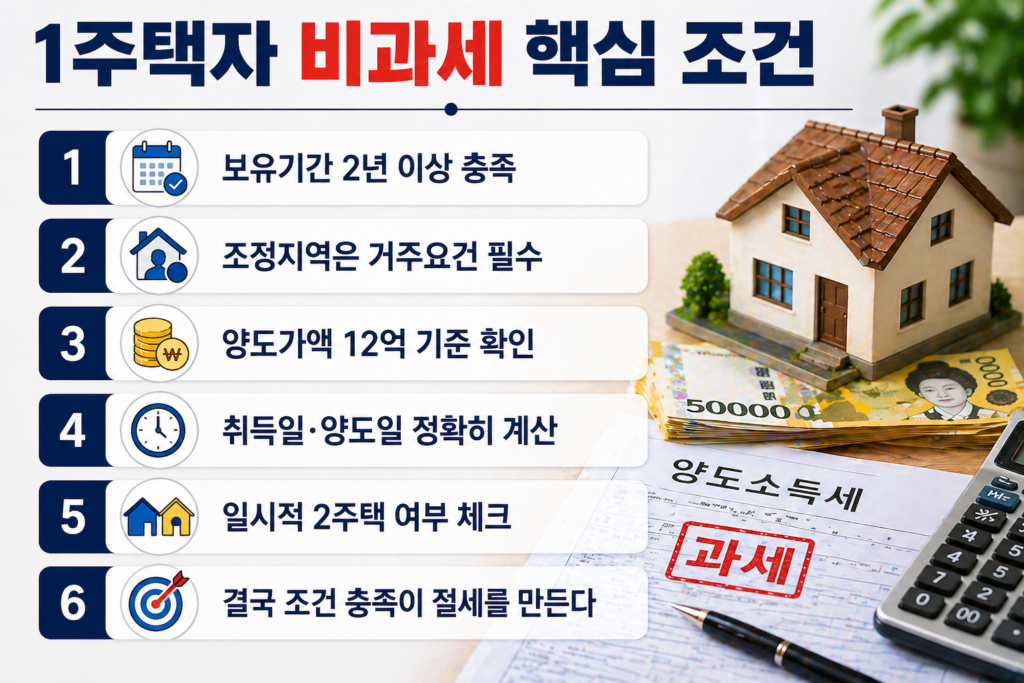 주택 모형과 현금, 양도소득세 서류와 계산기가 있는 배경 위에 ‘1주택자 비과세 핵심 조건’ 제목과 함께 보유기간·거주요건·양도가액 기준 등 6가지 핵심 조건이 정리된 인포그래픽 이미지
