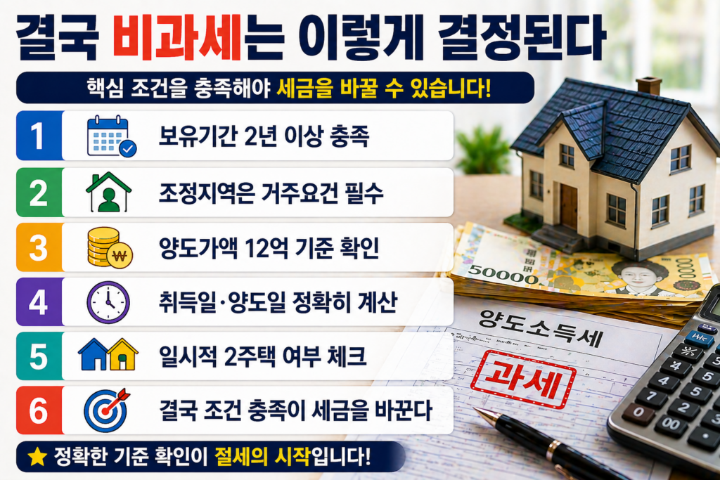 주택 모형과 현금, 양도소득세 서류와 계산기가 있는 배경 위에 ‘결국 비과세는 이렇게 결정된다’라는 제목과 함께 1주택자 비과세 핵심 조건 6가지가 정리된 인포그래픽 이미지