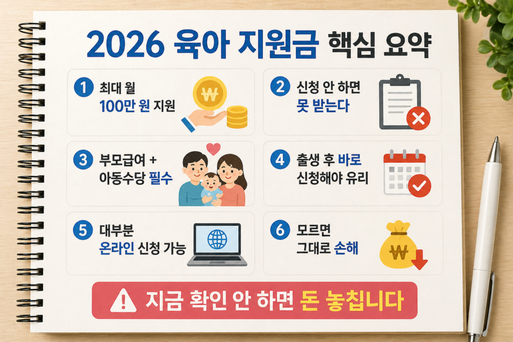 2026 육아 지원금 핵심 요약과 신청 방법을 정리한 인포그래픽 노트 이미지