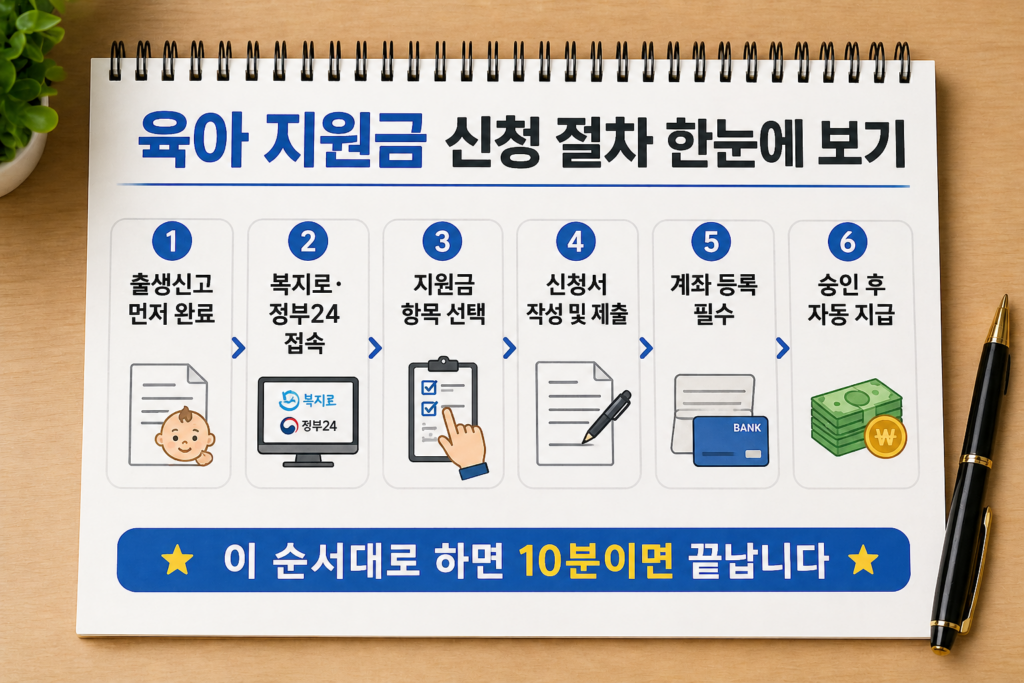 육아 지원금 신청 절차를 6단계로 정리한 인포그래픽 노트 이미지