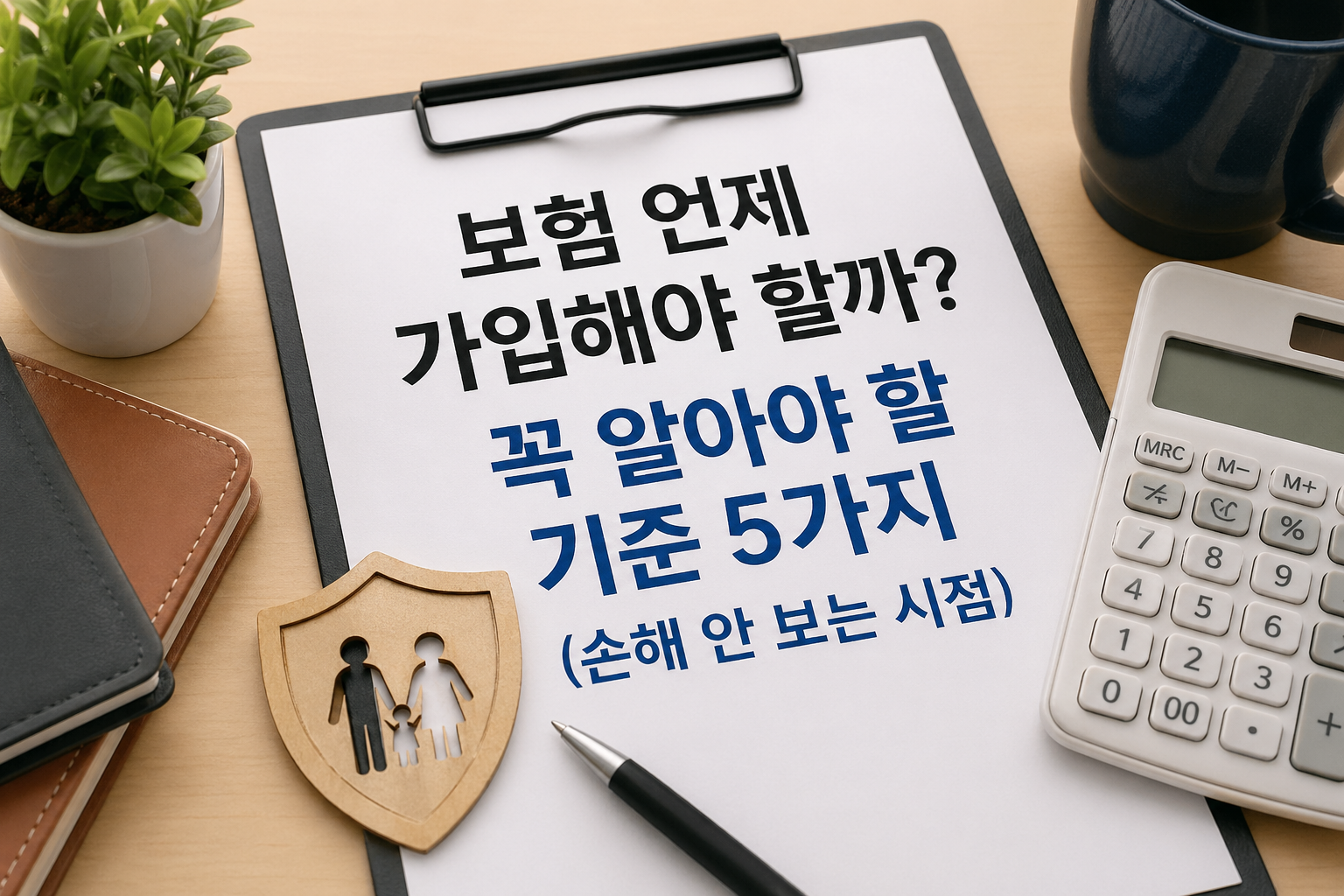보험 언제 가입해야 할까 기준 5가지 손해 안 보는 시점 인포그래픽 책상 위 보험 서류와 계산기 연출 이미지