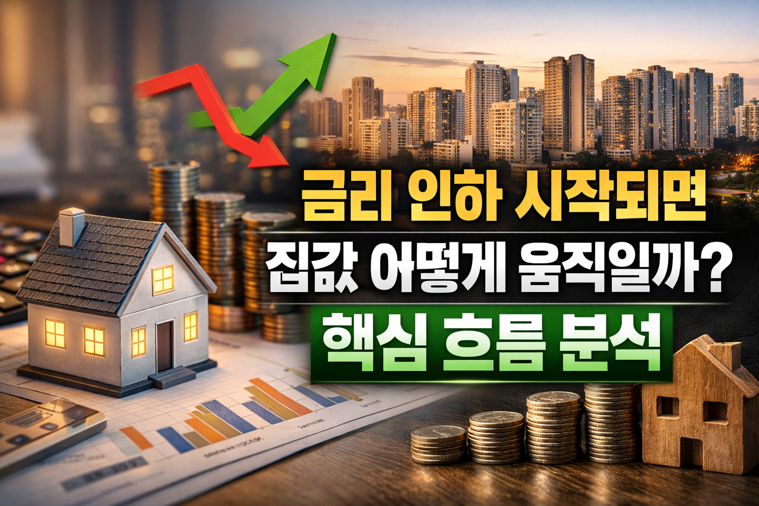 금리 인하와 집값 상승 흐름을 보여주는 그래프와 아파트 배경, 부동산 시장 변화를 설명하는 썸네일 이미지