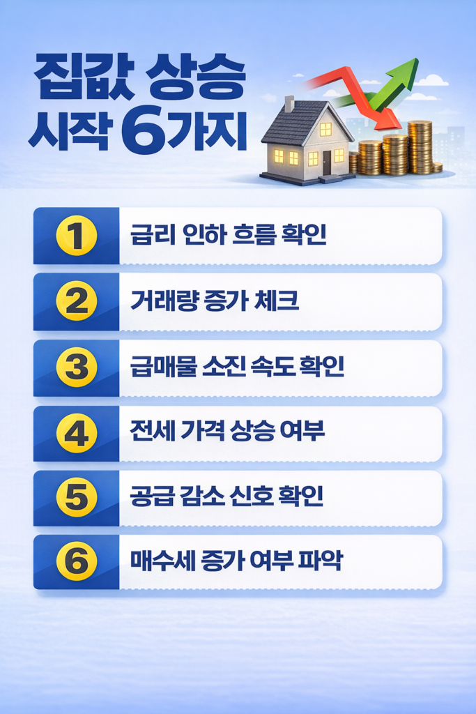 금리 인하 이후 집값 상승 신호 6가지를 정리한 인포그래픽, 거래량 증가와 전세 가격 상승 등 핵심 투자 지표 설명