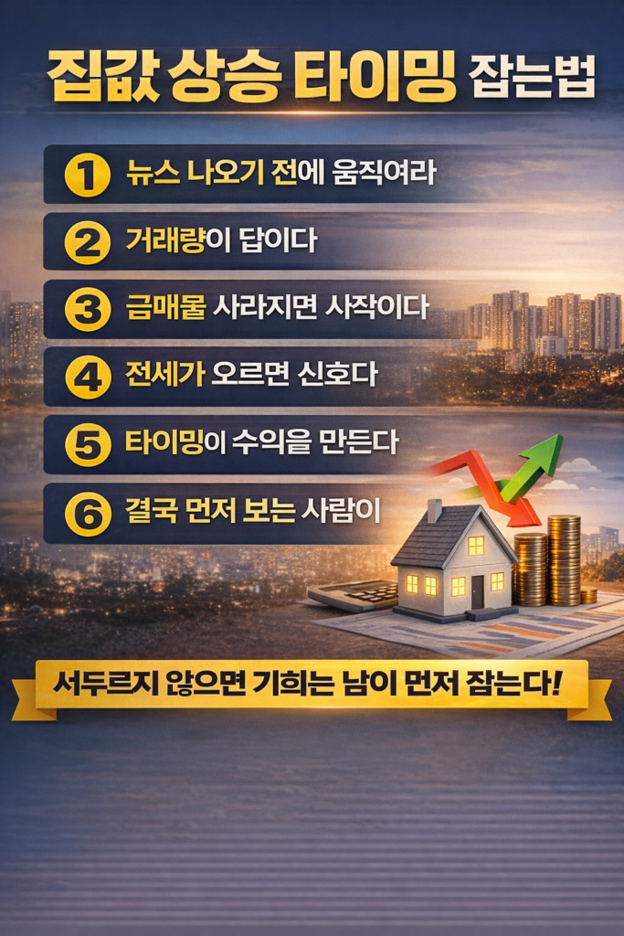 금리 인하 이후 집값 상승 타이밍을 잡는 6가지 방법을 정리한 인포그래픽, 거래량과 전세가 상승 등 핵심 투자 기준 설명