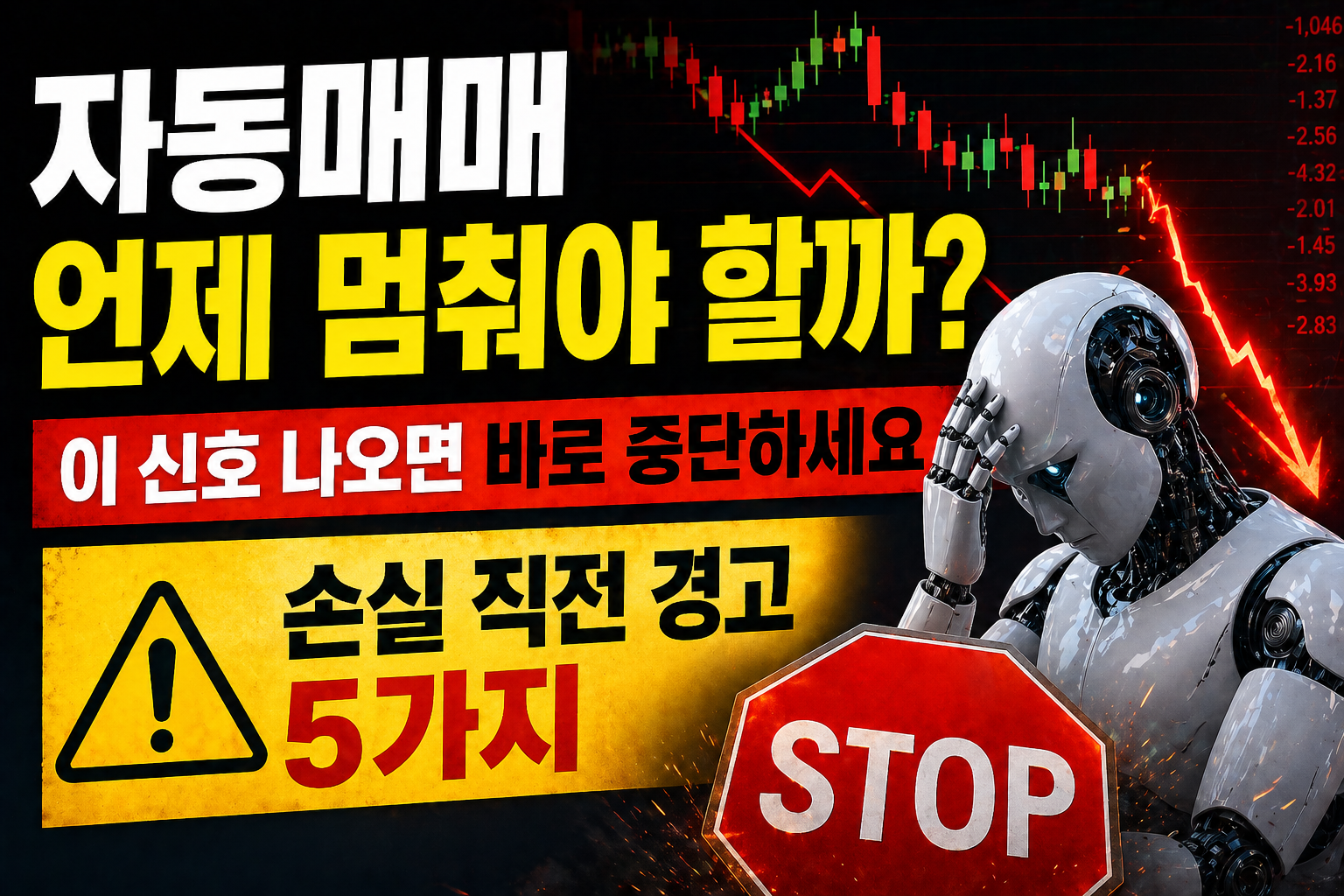 자동매매 중단 신호 손실 직전 경고 알고리즘 트레이딩 위험 수익 감소 연속 손실 시장 급변 인포그래픽 이미지