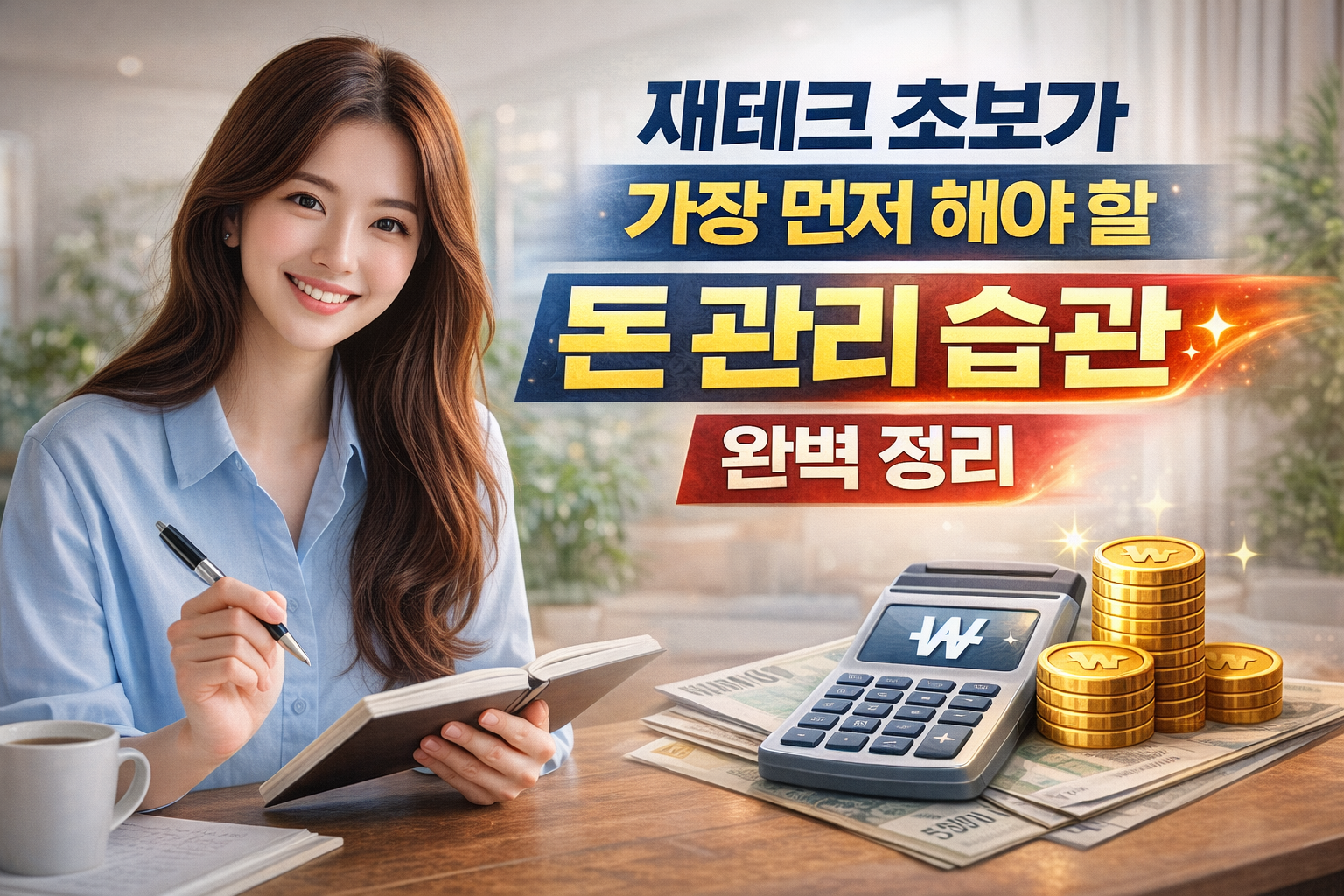 재테크 초보를 위한 돈 관리 습관을 설명하는 이미지로 계산기와 돈, 메모를 활용한 자산 관리 장면