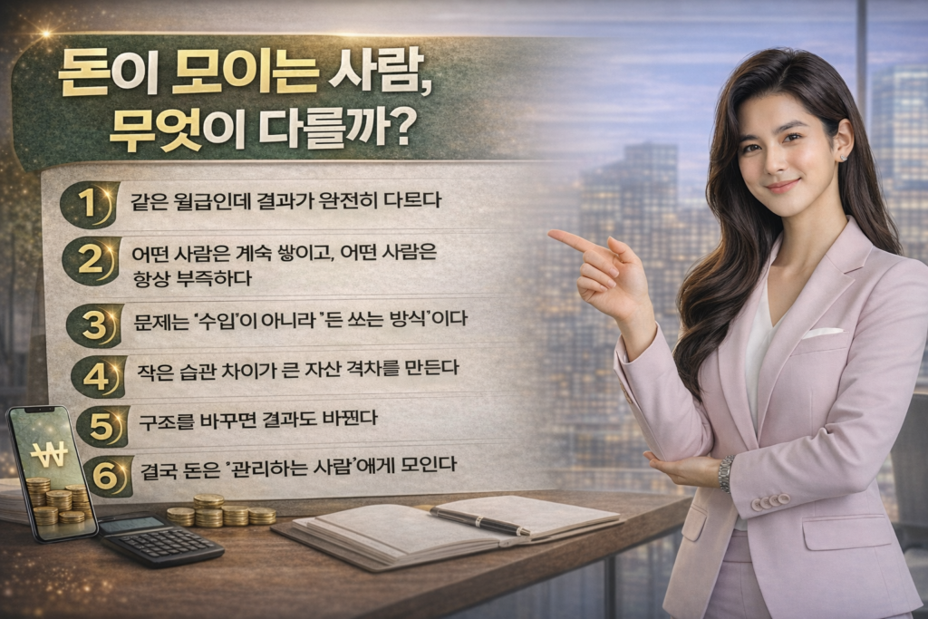 돈이 모이는 사람의 특징을 설명하는 인포그래픽으로, 밝은 색 정장을 입은 여성이 손으로 내용을 가리키며 수입 대비 결과 차이, 소비 방식, 습관 등 6가지 핵심 요소가 정리된 이미지