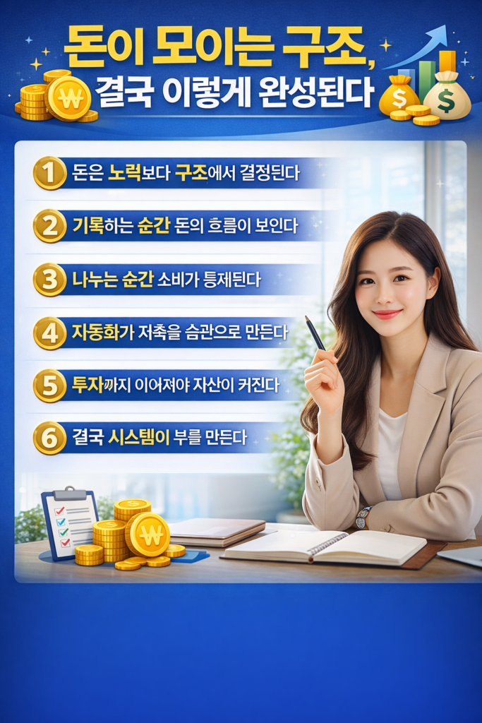 돈이 모이는 구조와 재테크 핵심 습관 6가지를 설명하는 인포그래픽으로, 여성 직장인이 등장하며 돈 관리 시스템과 자산 성장 과정을 강조한 이미지