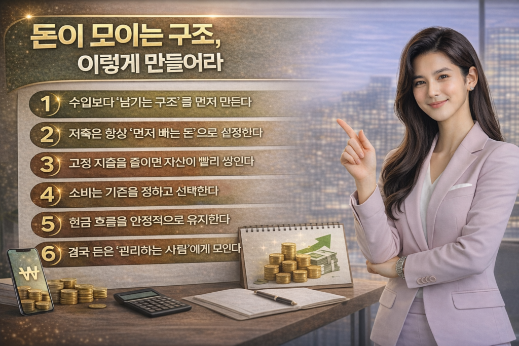 돈이 모이는 구조를 설명하는 인포그래픽으로, 밝은 색 정장을 입은 여성이 손가락으로 내용을 가리키며 저축 구조, 지출 관리, 현금 흐름 등 6가지 핵심 전략이 정리된 이미지