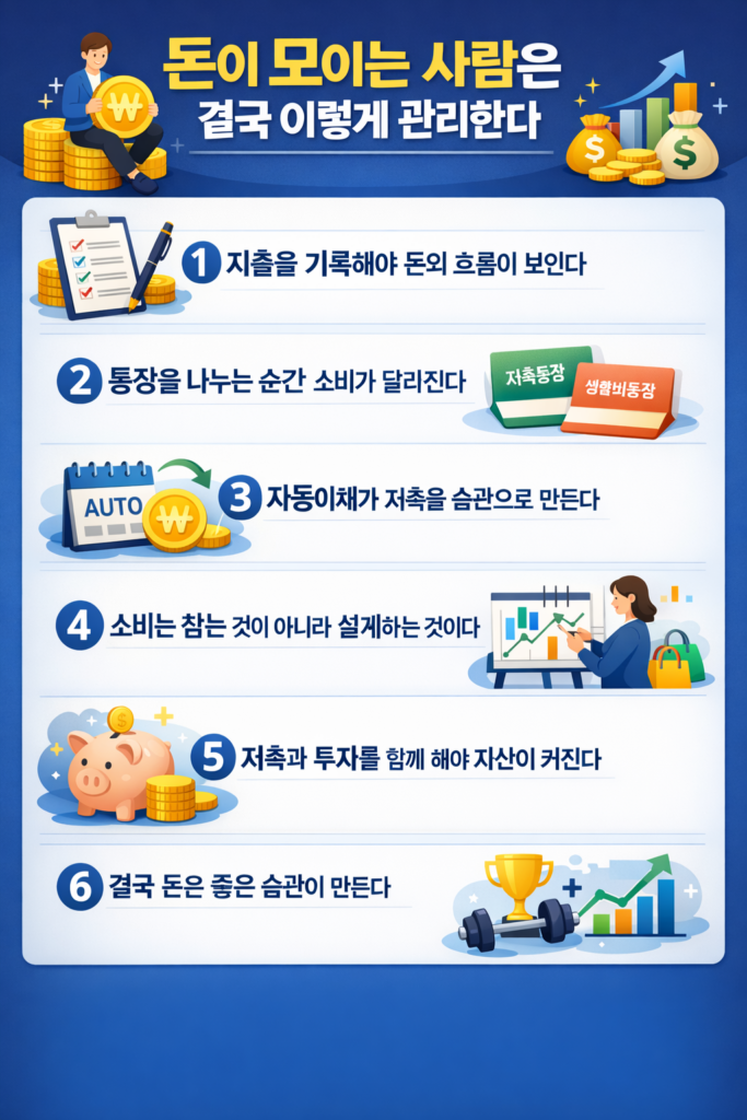 돈이 모이는 사람의 재테크 습관 6가지를 정리한 인포그래픽으로 지출 기록, 통장 분리, 자동이체, 소비 설계, 저축과 투자 병행, 좋은 습관 형성의 중요성을 강조한 이미지