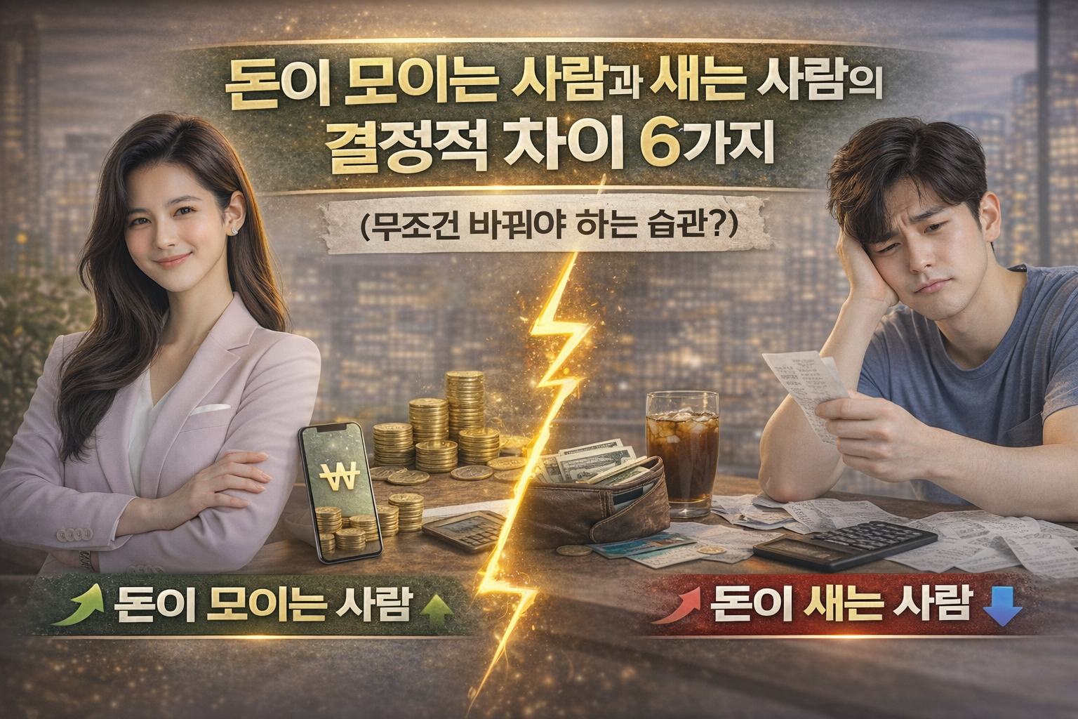 돈이 모이는 사람과 새는 사람을 비교한 썸네일 이미지로, 한쪽에는 밝은 표정의 여성이 돈이 쌓인 모습과 함께 있고 다른 쪽에는 지출에 고민하는 남성이 영수증과 계산기를 들고 있는 대비형 금융 이미지
