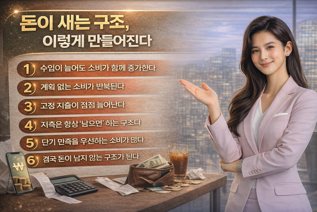 돈이 새는 구조를 설명하는 인포그래픽으로, 밝은 색 정장을 입은 여성이 손바닥으로 내용을 가리키며 소비 증가, 고정 지출, 저축 부족 등 6가지 원인이 정리된 이미지