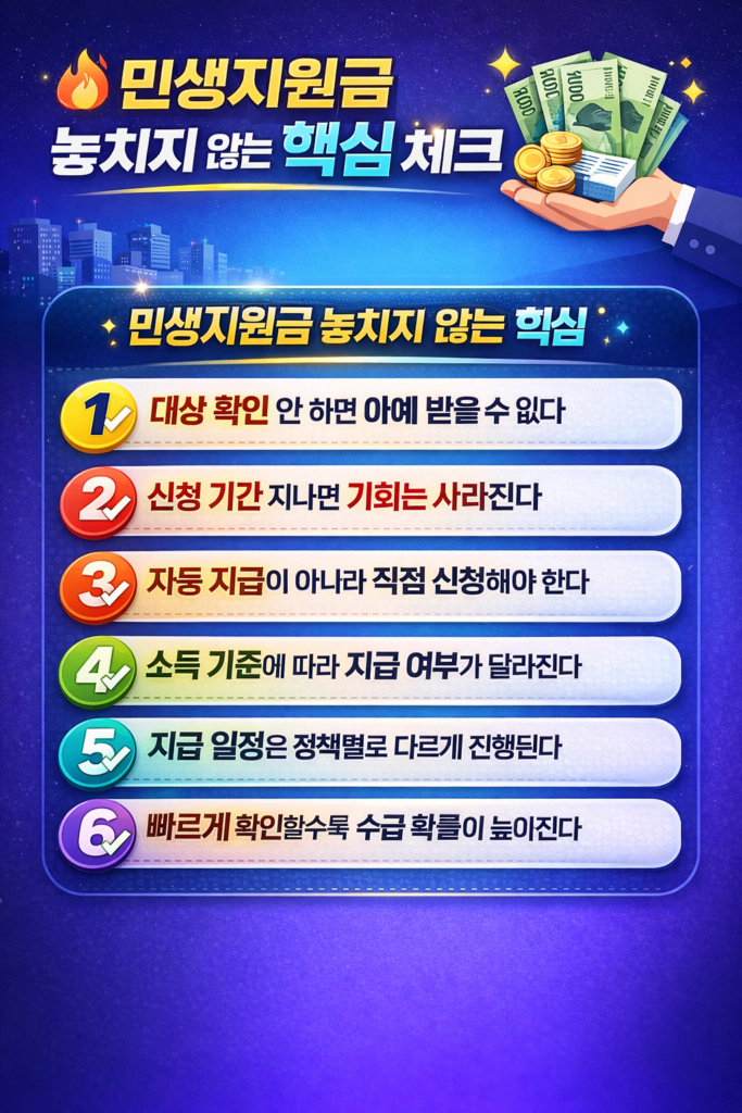 민생지원금 핵심 체크리스트 인포그래픽으로 대상 확인, 신청 기간, 직접 신청, 소득 기준, 지급 일정, 빠른 확인 중요성을 강조한 현대적인 디자인