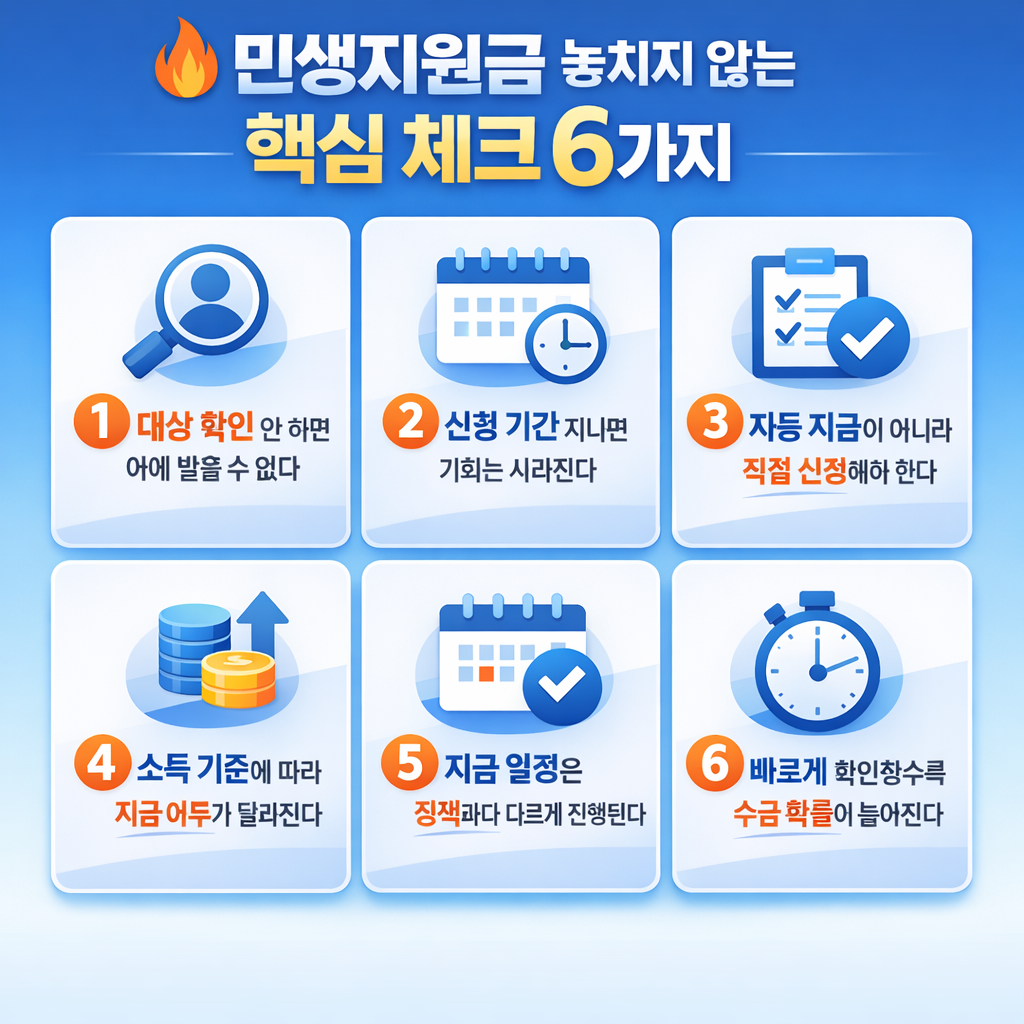 민생지원금 놓치지 않는 핵심 체크 6가지 인포그래픽으로 대상 확인, 신청 기간, 직접 신청, 소득 기준, 지급 일정, 빠른 확인의 중요성을 정리한 이미지