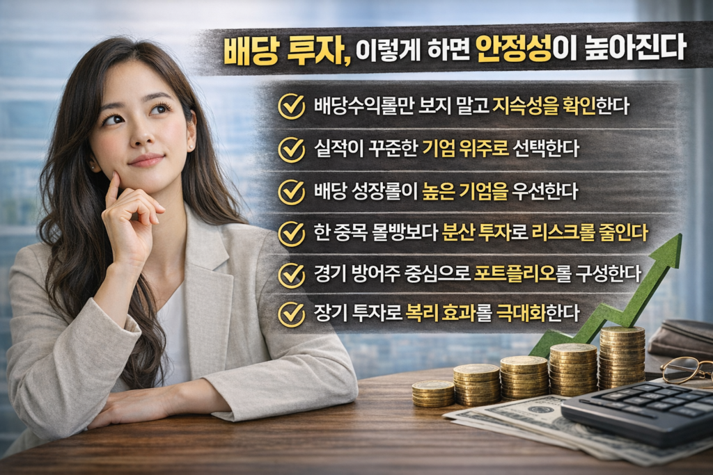 배당 투자 전략을 설명하는 인포그래픽으로 여성 인물과 함께 동전, 계산기, 상승 그래프가 배치되고 안정성을 높이는 6가지 핵심 방법이 정리된 이미지