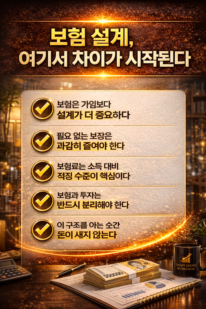 보험 설계의 중요성과 비용 절감 전략을 설명하는 밝고 현대적인 금융 인포그래픽