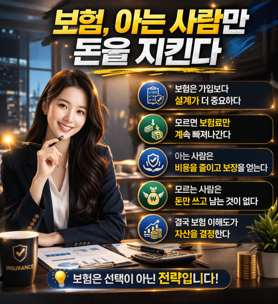 보험을 잘 아는 여성이 서류와 돈을 들고 보험 전략의 중요성을 설명하는 현대적인 금융 썸네일 이미지