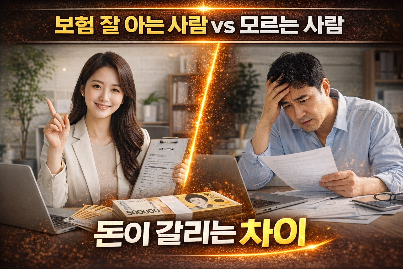 보험을 잘 아는 사람과 모르는 사람의 차이를 대비한 표정과 상황이 다른 두 인물 썸네일