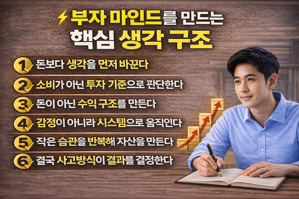 부자 마인드를 만드는 핵심 생각 구조를 정리한 인포그래픽으로 소비와 투자 기준 수익 구조 습관 형성 등 자산을 만드는 사고방식을 숫자로 설명한 자기계발 이미지