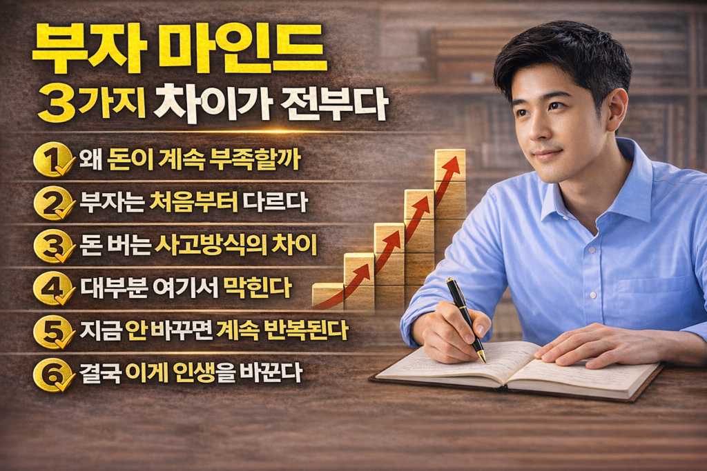 부자 마인드를 만드는 사고방식의 차이를 설명한 인포그래픽으로 돈이 부족한 이유부터 성공하는 생각 구조까지 핵심 포인트를 숫자로 정리한 자기계발 이미지