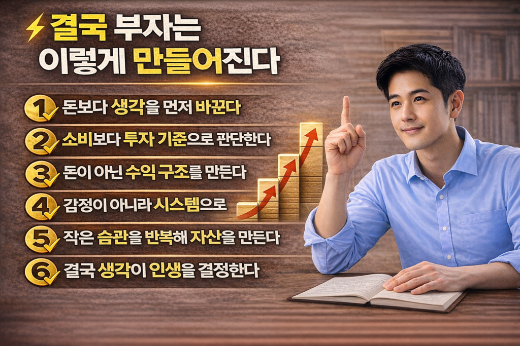 부자 마인드를 만드는 핵심 생각 습관을 정리한 인포그래픽으로 투자 기준 수익 구조 습관 반복 등 자산을 만드는 사고방식을 숫자로 설명한 자기계발 이미지