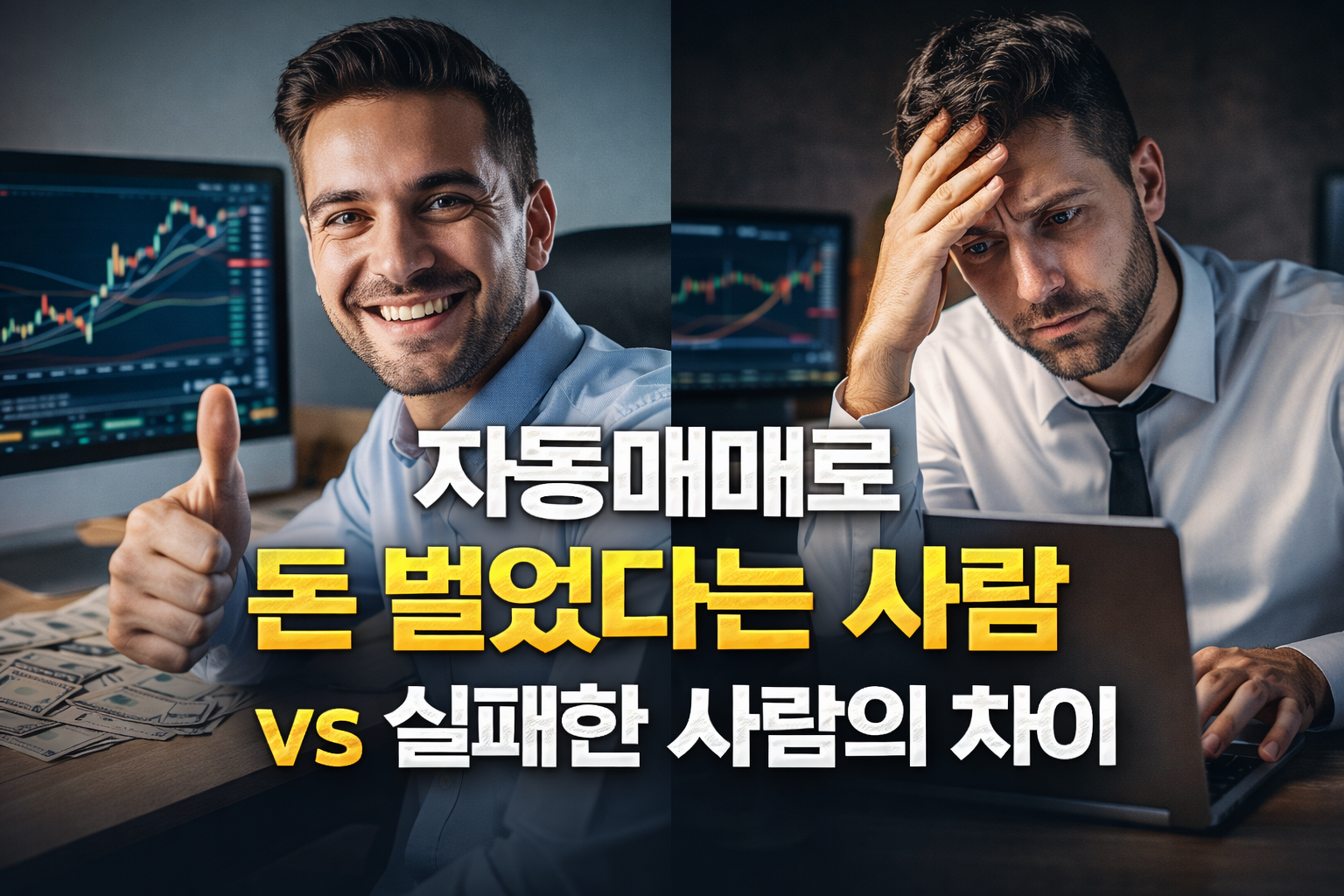 자동매매로 수익을 낸 사람과 실패한 사람의 차이를 대비해 보여주는 비교형 투자 이미지