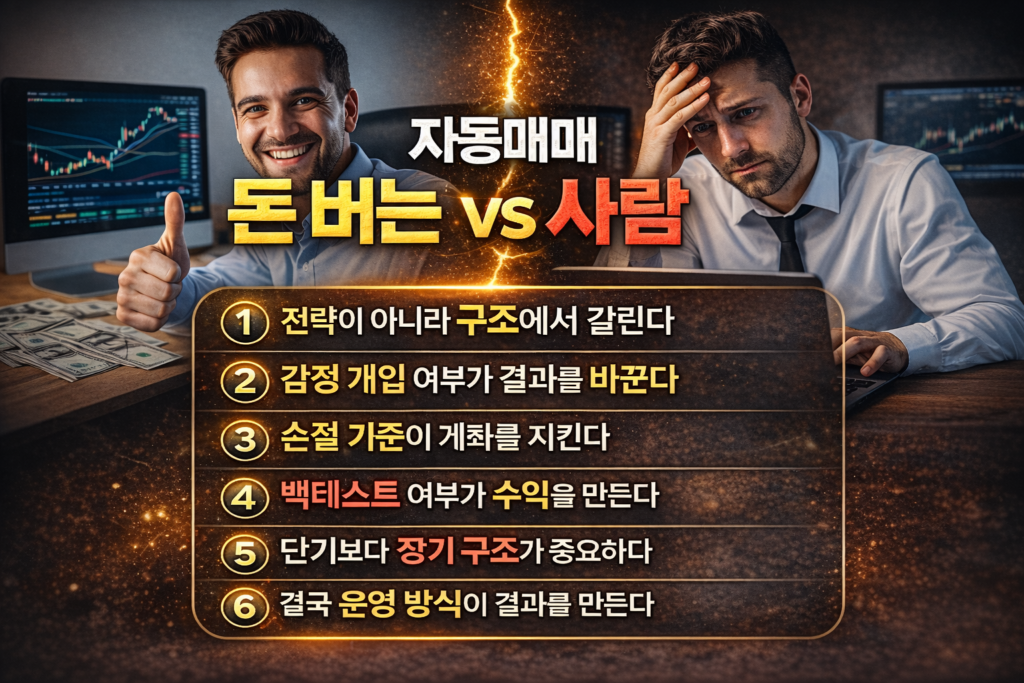자동매매로 수익을 내는 사람과 실패하는 사람의 차이를 6가지 핵심 요소로 비교한 인포그래픽 이미지