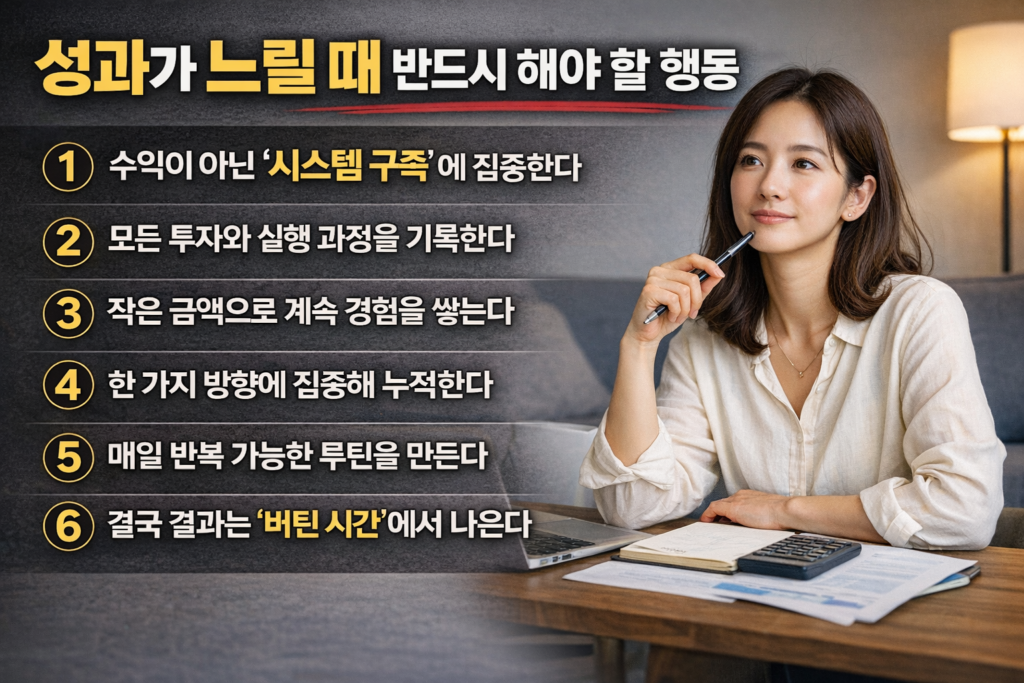 책상 위 노트북과 계산기를 앞에 두고 생각하는 여성과 함께 ‘성과가 느릴 때 반드시 해야 할 행동’ 6가지를 정리한 인포그래픽 이미지로, 시스템 구축·기록·루틴·버티기 등의 핵심 전략이 강조된 디자인