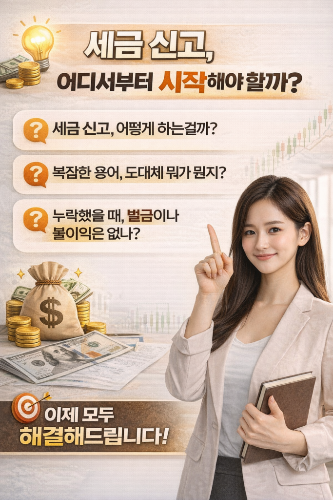 세금 신고를 고민하는 여성과 함께 신고 방법, 용어 이해, 벌금 걱정 등 주요 질문을 제시하며 해결을 안내하는 홈택스 세금 신고 인포그래픽 이미지