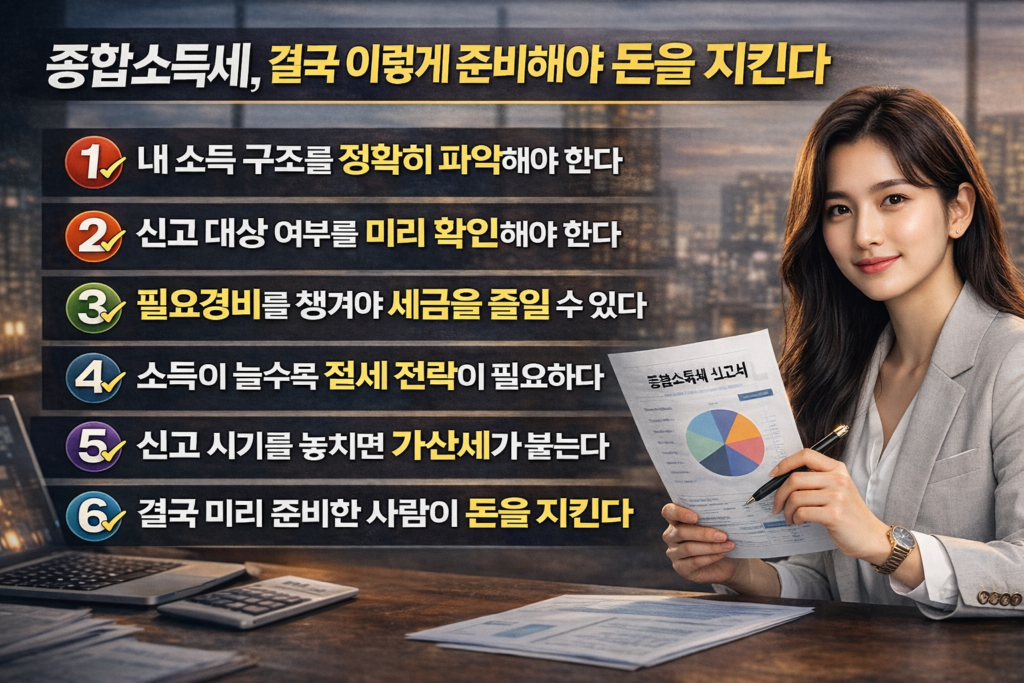 정장을 입은 여성이 종합소득세 신고 서류를 들고 있는 모습과 함께, 종합소득세를 준비할 때 반드시 알아야 할 6가지 핵심 기준을 정리한 인포그래픽 이미지
