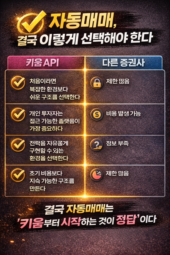 자동매매 선택 기준과 함께 개인 투자자가 어떤 방향으로 시작해야 하는지 6가지 핵심 포인트를 정리한 현대적인 금융 결론 인포그래픽 이미지