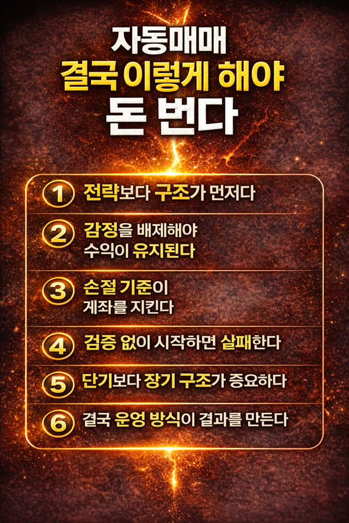 자동매매로 수익을 내기 위한 핵심 원칙과 전략을 6가지로 정리한 결론 인포그래픽 이미지