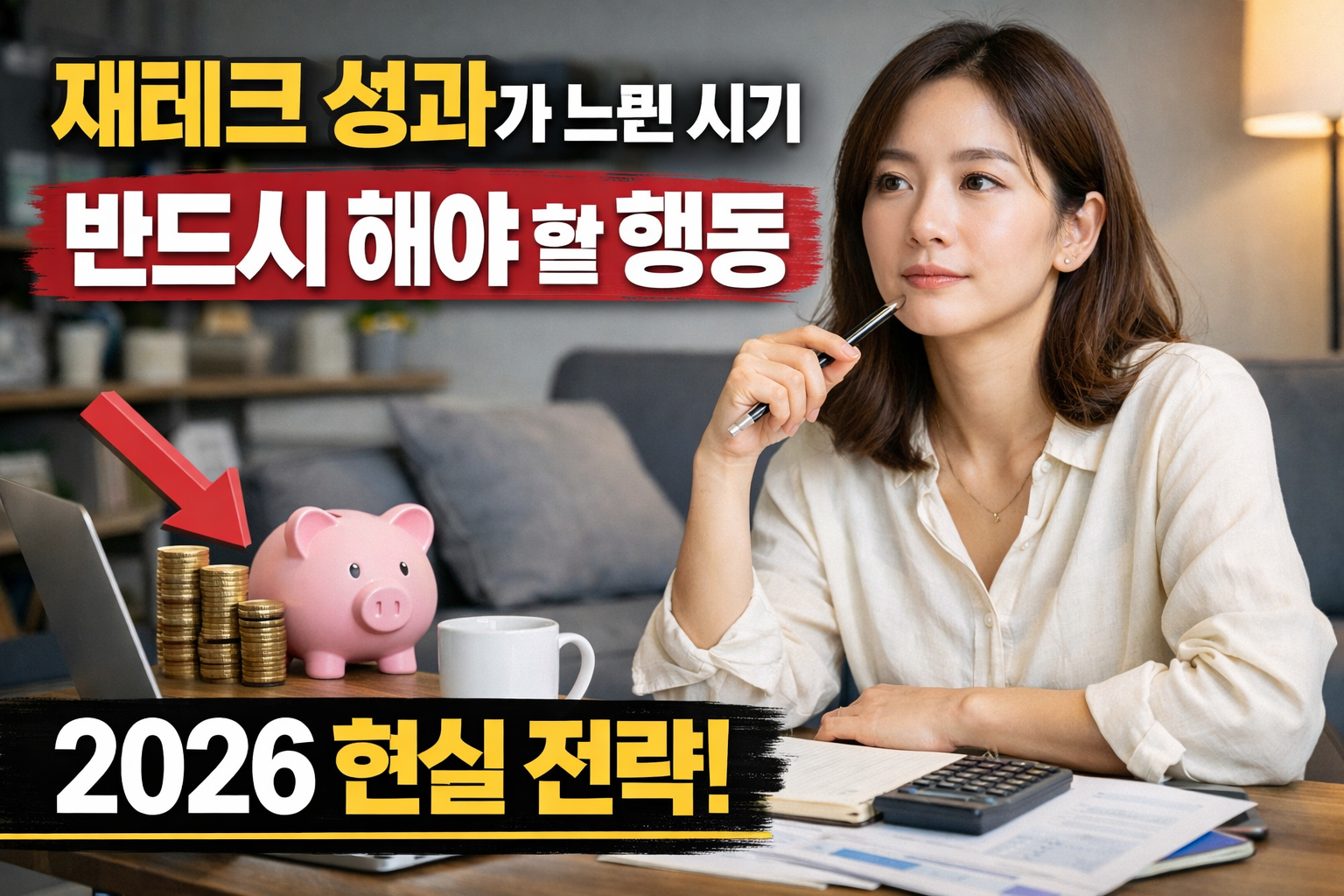 노트북과 계산기를 앞에 두고 재테크 고민을 하는 여성, 돼지저금통과 동전이 놓여 있으며 ‘재테크 성과가 느린 시기 반드시 해야 할 행동 2026 현실 전략’ 문구가 강조된 현대적인 썸네일 이미지