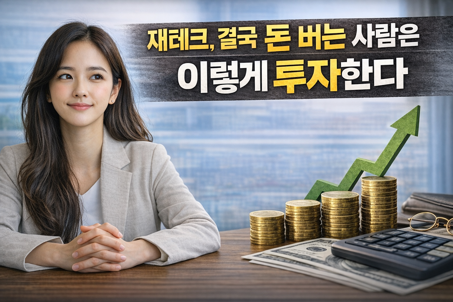 밝은 표정으로 앉아 있는 여성과 함께 동전, 계산기, 상승 그래프가 배치된 재테크 투자 썸네일 이미지로 수익을 내는 투자 방식 메시지를 강조한 장면