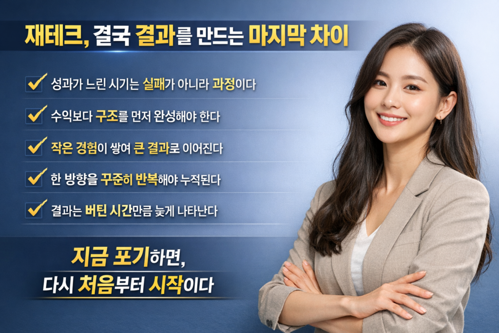 밝은 표정의 젊은 여성이 정장을 입고 팔짱을 낀 채 서 있는 재테크 인포그래픽으로, 성과가 느린 시기에 반드시 지켜야 할 행동과 “지금 포기하면 다시 처음부터 시작이다”라는 메시지가 강조된 이미지