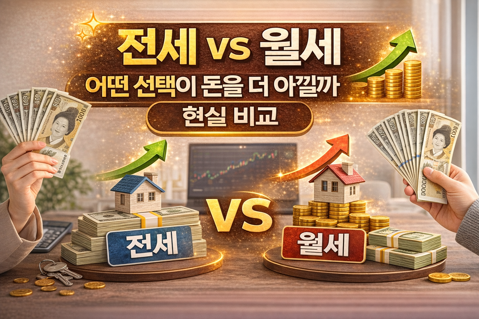 밝은 거실 배경에서 전세와 월세를 비교하는 구도로 양쪽에 집 모형과 돈다발이 배치되어 있고, 중앙에는 “전세 vs 월세 어떤 선택이 돈을 더 아낄까 현실 비교”라는 문구와 함께 상승 화살표와 금화가 강조된 부동산 썸네일 이미지.