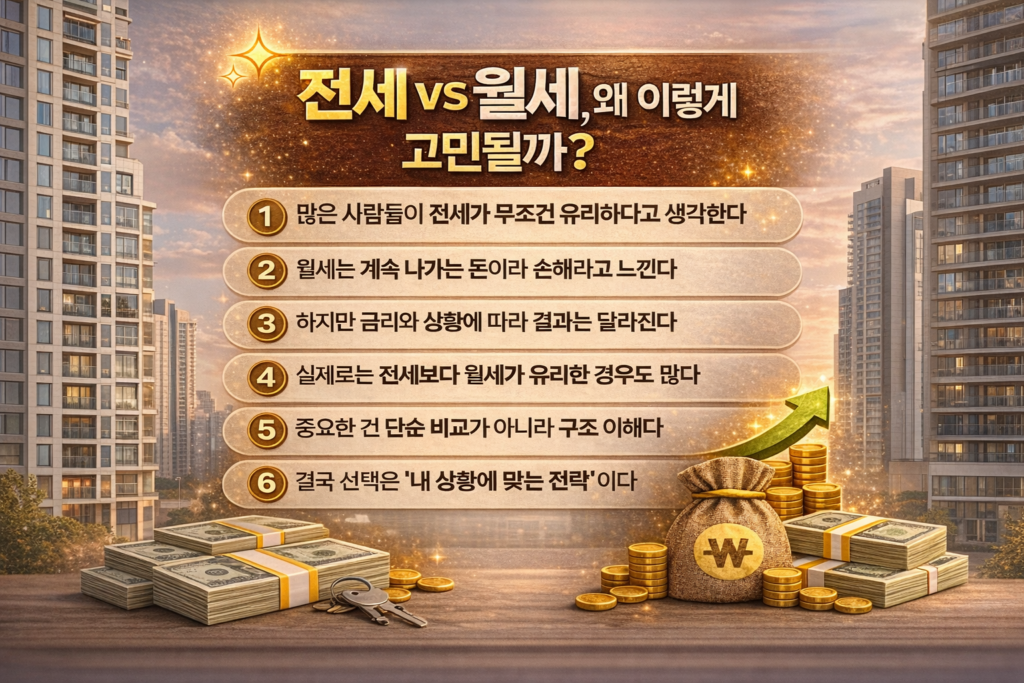 현대식 아파트 단지 배경 위에 “전세 vs 월세, 왜 이렇게 고민될까?”라는 제목과 함께 6가지 비교 기준이 정리된 인포그래픽 이미지. 하단에는 돈다발, 금화, 상승 화살표가 배치되어 주거 선택과 자산 흐름을 강조한 현대적인 디자인.
