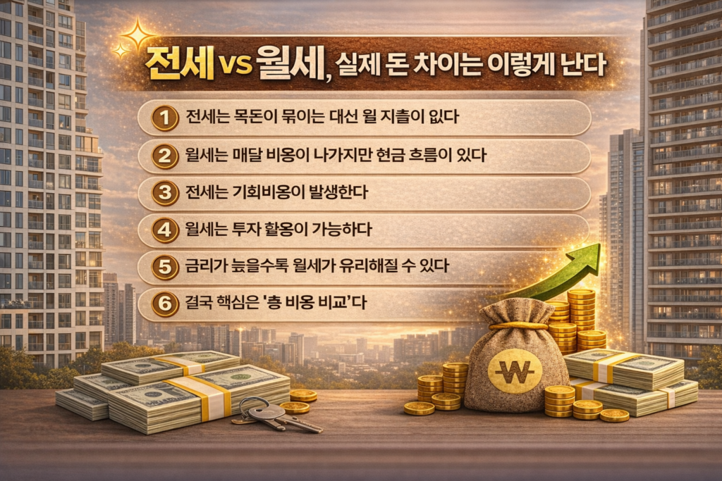 현대식 아파트 단지 배경 위에 “전세 vs 월세, 실제 돈 차이는 이렇게 난다”라는 제목과 함께 6가지 비용 구조 비교가 정리된 인포그래픽 이미지. 하단에는 돈다발, 금화, 상승 화살표가 배치되어 주거 선택에 따른 자산 흐름을 강조한 디자인.