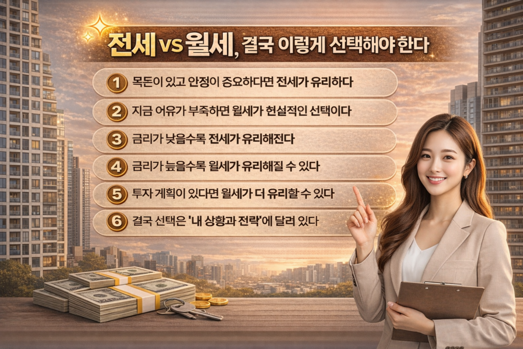 현대식 아파트 단지 배경 앞에서 한 젊은 여성이 미소를 지으며 설명하는 포즈를 취하고 있으며, “전세 vs 월세, 결국 이렇게 선택해야 한다”라는 제목과 함께 6가지 선택 기준이 정리된 인포그래픽 이미지. 하단에는 돈다발과 열쇠가 배치되어 주거 선택과 자산 흐름을 강조한 디자인.