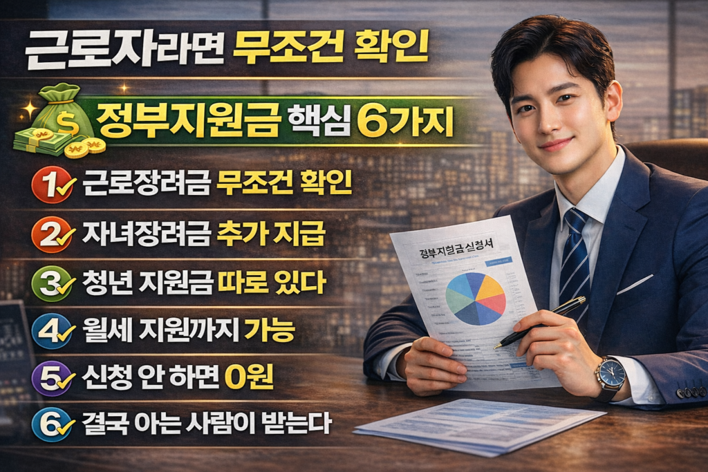 근로자가 받을 수 있는 정부지원금 핵심 6가지를 정리한 인포그래픽으로, 근로장려금부터 청년 지원금, 월세 지원까지 주요 혜택을 강조한 이미지