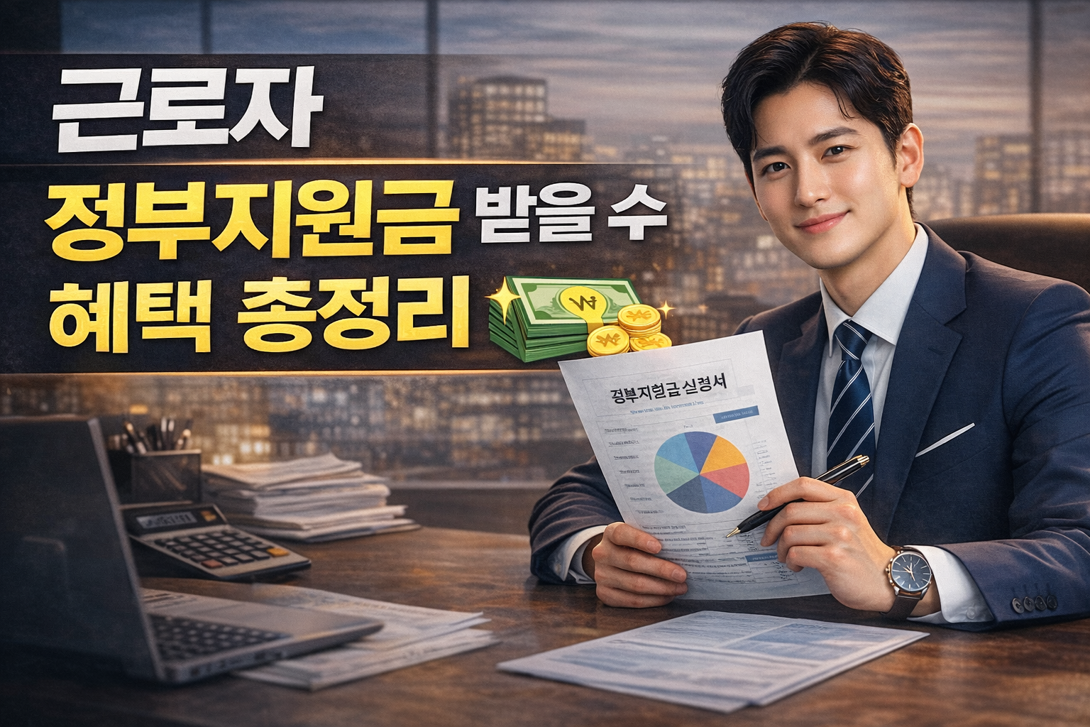 정장을 입은 남성이 정부지원금 신청 서류를 들고 있는 모습으로, 근로자가 받을 수 있는 정부지원금 혜택을 강조한 현대적인 썸네일 이미지
