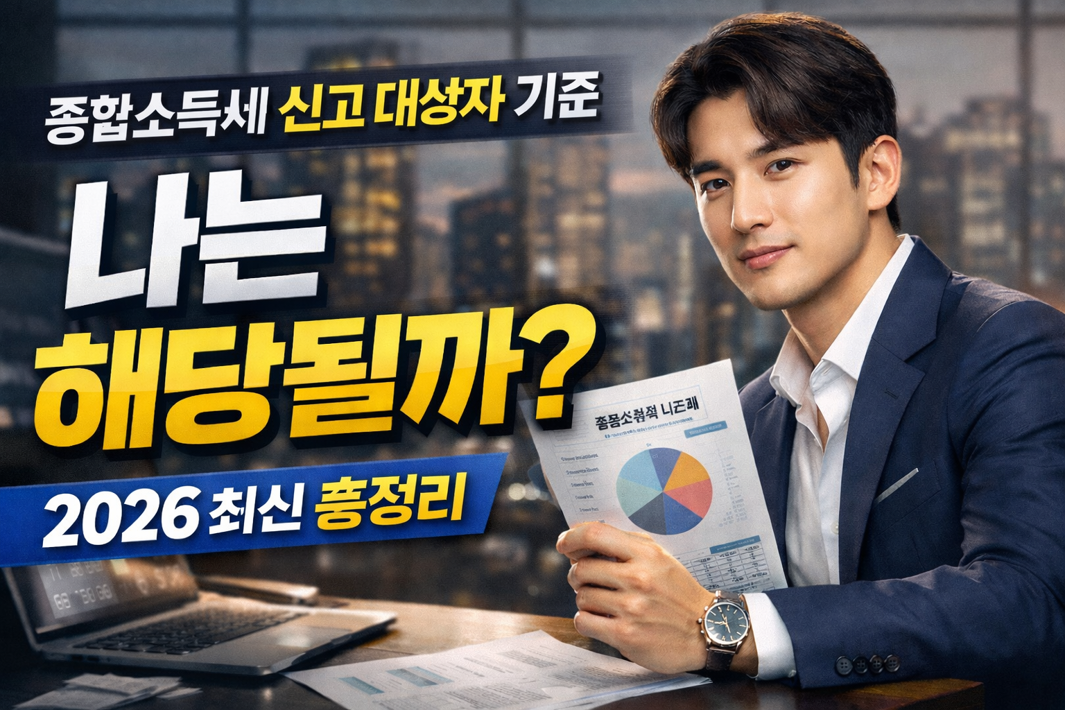 정장을 입은 남성이 종합소득세 신고 서류를 들고 있는 모습으로, 종합소득세 신고 대상자 기준과 2026 최신 총정리를 강조한 썸네일 이미지