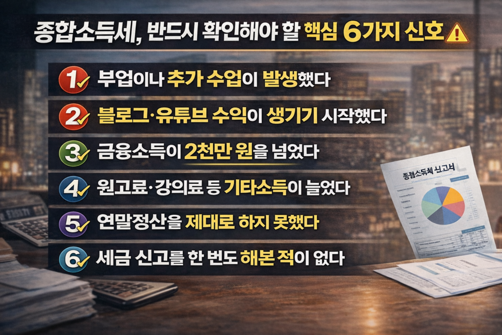 종합소득세 신고 시 놓치면 위험한 6가지 신호를 정리한 인포그래픽으로, 부업 수입, 블로그 및 유튜브 수익, 금융소득 초과, 기타소득 증가, 연말정산 누락, 신고 경험 부족 등을 강조한 이미지