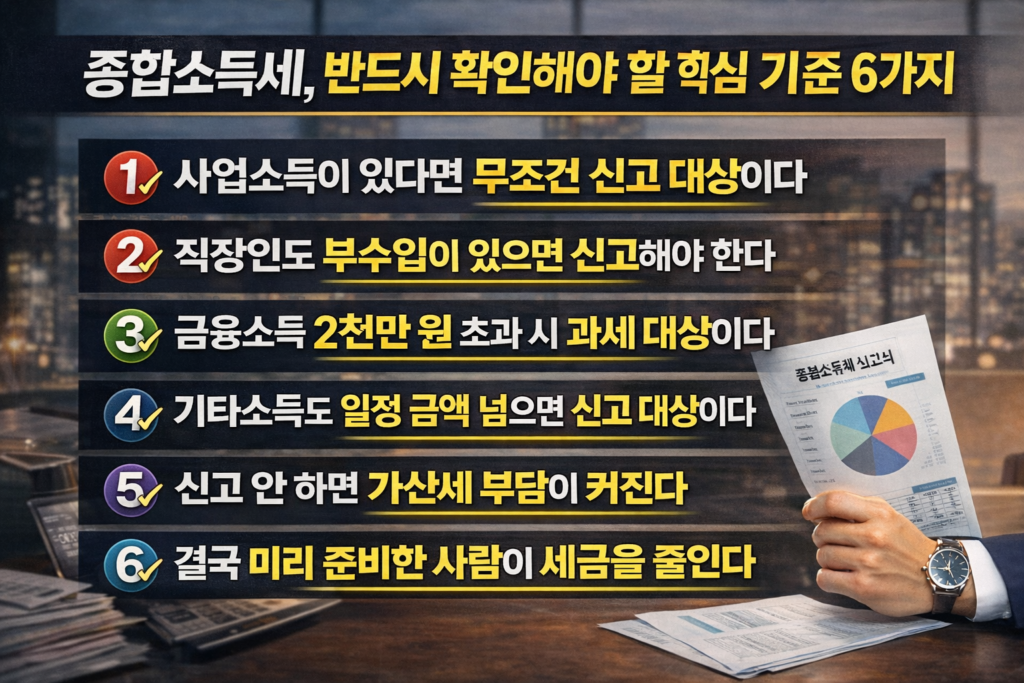 종합소득세 신고 대상자가 반드시 확인해야 할 핵심 기준 6가지를 정리한 인포그래픽으로, 사업소득, 부수입, 금융소득, 기타소득, 가산세, 절세 준비 내용을 강조한 이미지