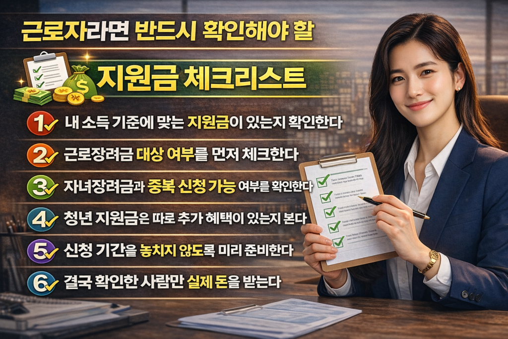 정장을 입은 여성이 체크리스트를 들고 있는 모습과 함께, 근로자가 반드시 확인해야 할 정부지원금 체크리스트 6가지를 정리한 인포그래픽 이미지