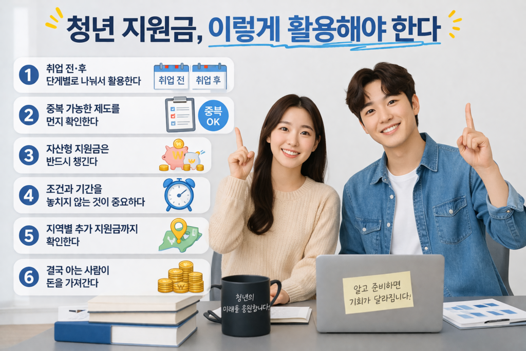 청년 지원금 활용 방법을 설명하는 인포그래픽으로, 한국 남녀가 함께 웃으며 현금을 들고 노트북 앞에 앉아 취업 전후 활용 전략, 중복 지원 확인, 자산형 지원금, 조건과 기간, 지역별 혜택 등 6가지 핵심 내용을 안내하는 이미지