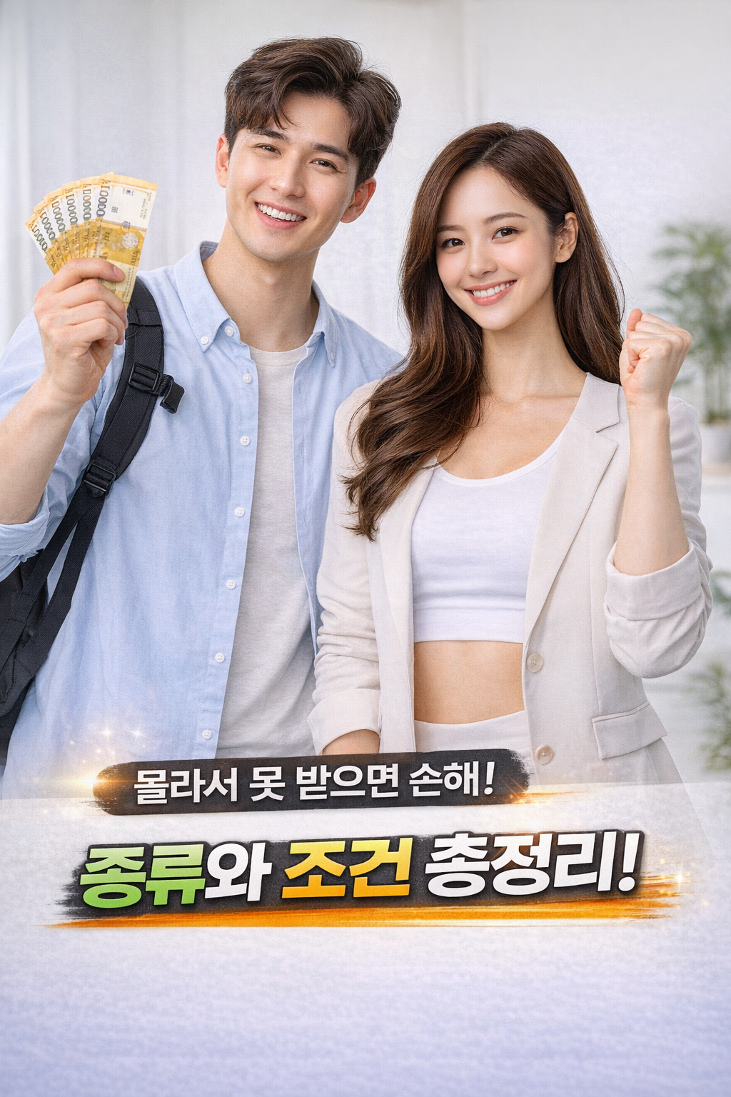 청년 남성과 여성이 밝은 표정으로 서서 취업 지원금을 강조하는 현대적인 썸네일 이미지로, 한쪽은 돈을 들고 있고 다른 한쪽은 주먹을 쥔 포즈를 취하며 하단에는 지원금 종류와 조건을 강조하는 텍스트가 포함된 장면